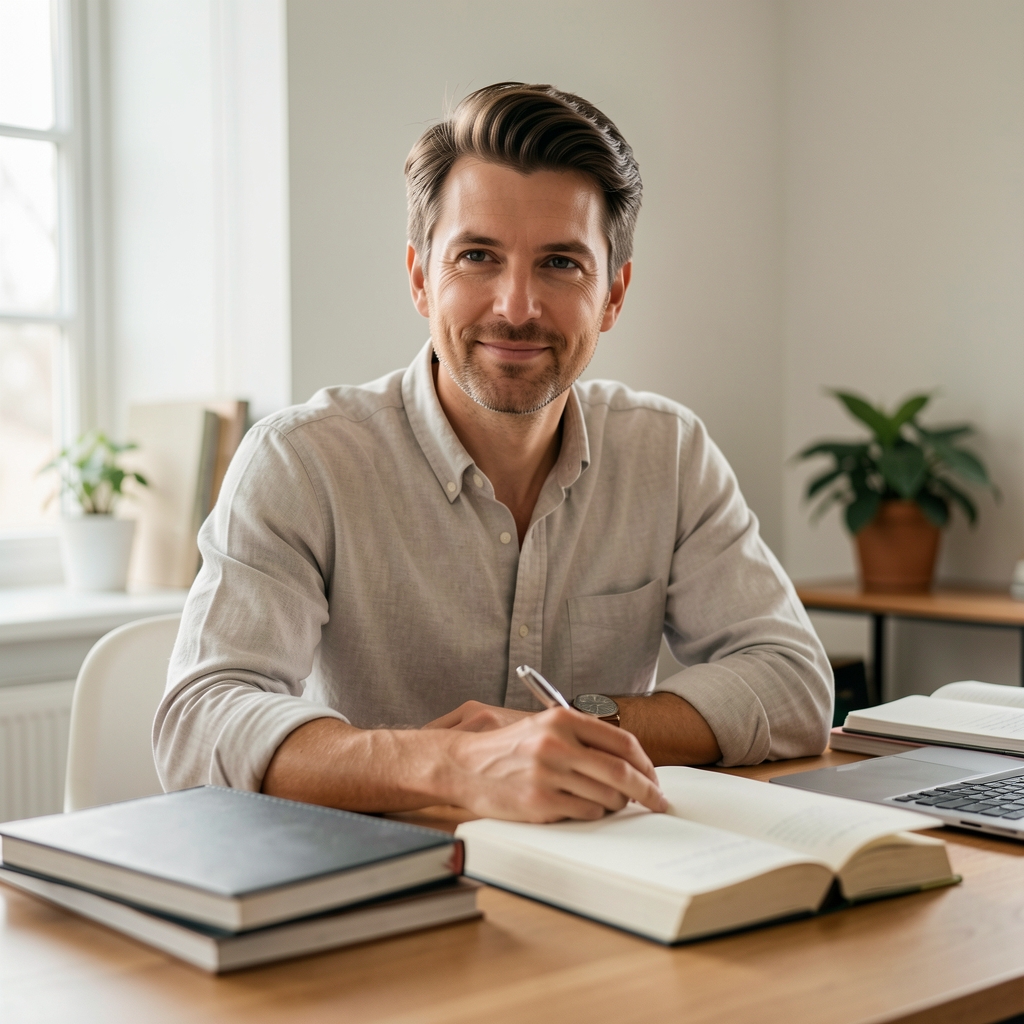Editorial portrait of Reza Pratama, contributing writer, soft natural light desk setting
